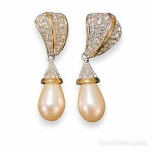 Vintage Art Deco Style Faux Pearl Drop Earrings Rhinestone Statement Glam Bridal